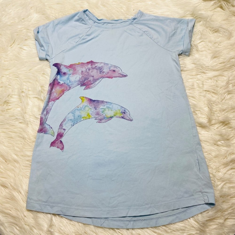 Lands' End Kids Dolphin Watercolor Cotton Short Sleeve T Shirt Blue Size M 10-12